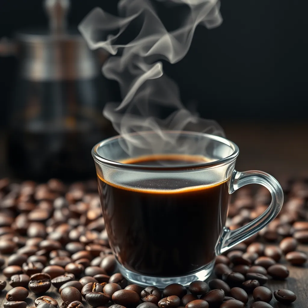 A close-up shot of a steaming cup of filter coffee with a plume of fragrant steam rising from the surface. The coffee beans should be visible in the background, along with a minimalist, modern coffee maker.
