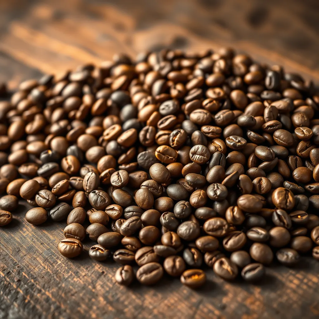 A close-up shot of a variety of coffee beans, arranged in a visually appealing way on a rustic wooden table. Each bean variety should be distinct and recognizable, highlighting the diversity of blends available. The lighting should be warm and inviting, emphasizing the natural beauty of the coffee beans.
