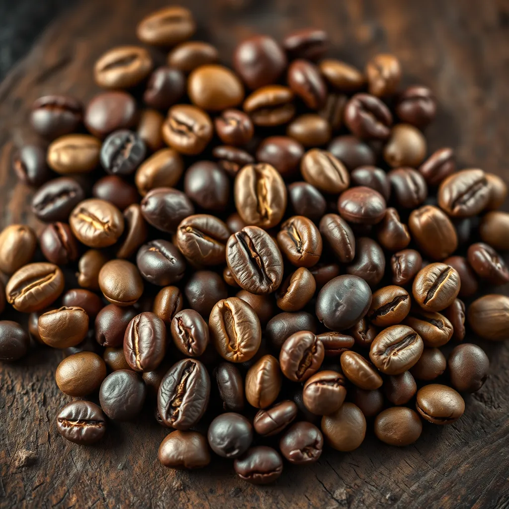 A close-up shot of a variety of coffee beans, with different colors and sizes, arranged in a beautiful pattern on a rustic wooden surface. The image should be warm and inviting, highlighting the richness and depth of the beans.