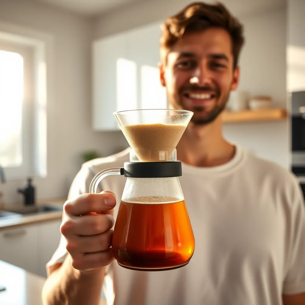 A person holding a glass carafe of freshly brewed filter coffee, with a minimalist, modern kitchen in the background. Sunlight streams through the window, illuminating the coffee's warm amber color. The person is wearing simple, casual clothing and looks content and relaxed.