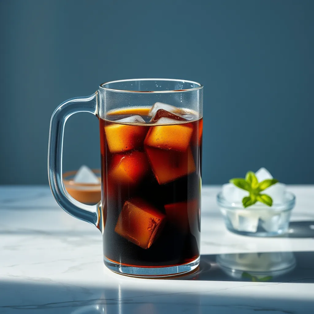 A still life featuring a glass pitcher filled with iced cold brew coffee, condensation forming on the outside. The glass should be clear, showcasing the rich, dark brown color of the cold brew.  A few ice cubes should be floating in the pitcher, with a few drops of condensation running down the side.  Place the pitcher on a sleek, polished marble surface, with a small bowl of ice cubes and a sprig of fresh mint in the background. The lighting should be soft and natural, with a slight blue hue, highlighting the coolness of the cold brew. Render the image in 8K resolution, capturing the smooth texture of the glass, the clarity of the ice, and the vibrant green of the mint. The overall aesthetic should be modern and refreshing.