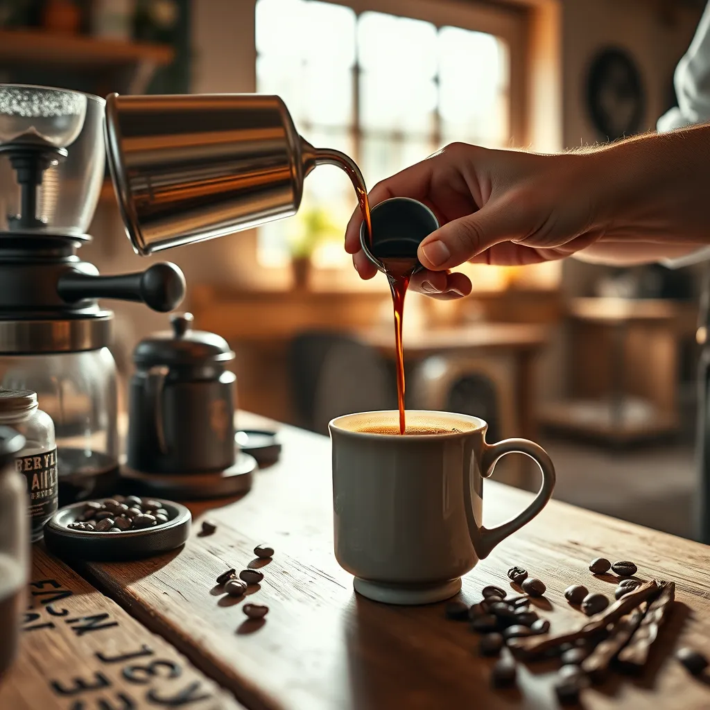 Create a photorealistic, ultra-high quality image for City Coffee Center's website header. Capture the essence of a cozy, inviting coffee shop with warm, natural light streaming through the window. Focus on a barista carefully pouring freshly brewed filter coffee into a ceramic mug, highlighting the rich, dark brown hue of the coffee. Include a rustic wooden countertop, a vintage coffee grinder, and a few strategically placed coffee beans for visual interest. The image should have a soft, inviting atmosphere with a color palette of warm browns, creams, and soft blues. Render the image in 8K resolution, with hyperrealistic detail and a cinematic depth of field, emphasizing the textures and details of the coffee, mug, and surrounding elements. The camera angle should be slightly elevated, capturing the barista's hands in action and creating a sense of intimacy. Use a style similar to the works of renowned coffee photographers like Michael Freeman and Jonathan Knowlton., ultra high resolution, photorealistic, 8K, hyperdetailed, cinematic lighting